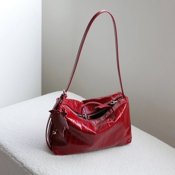 Red Leather Shoulder Bag with Multiple Zip Compartments - Image 6