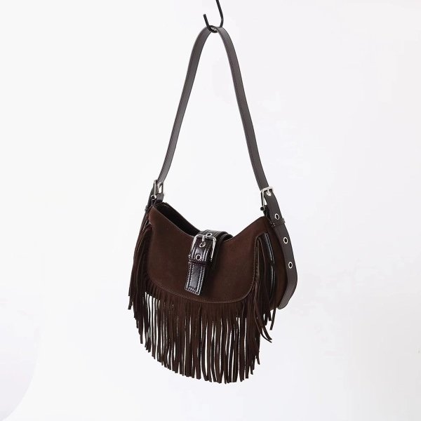 Brown Leather Fringe Shoulder Bag with Flap Closure - Image 5
