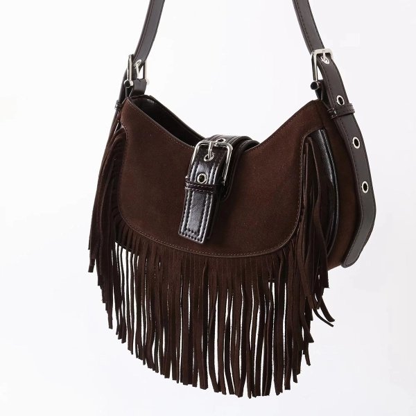 Brown Leather Fringe Shoulder Bag with Flap Closure - Image 4