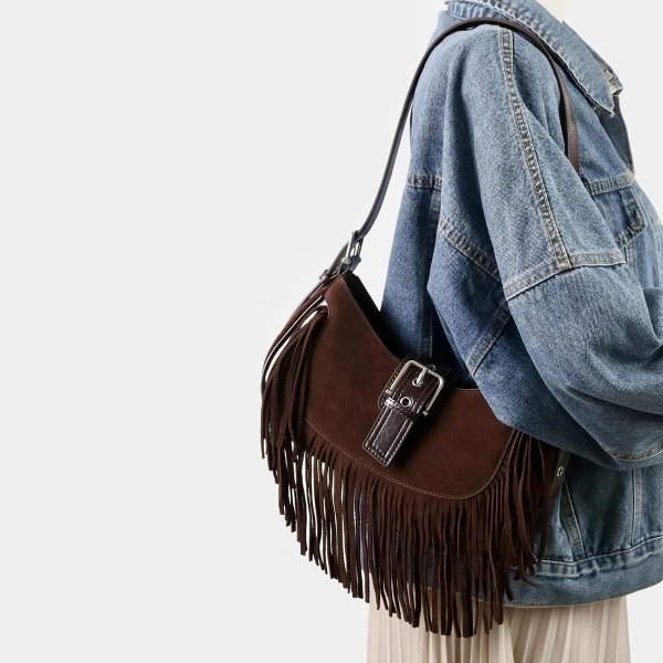 Brown Leather Fringe Shoulder Bag with Flap Closure - Image 3