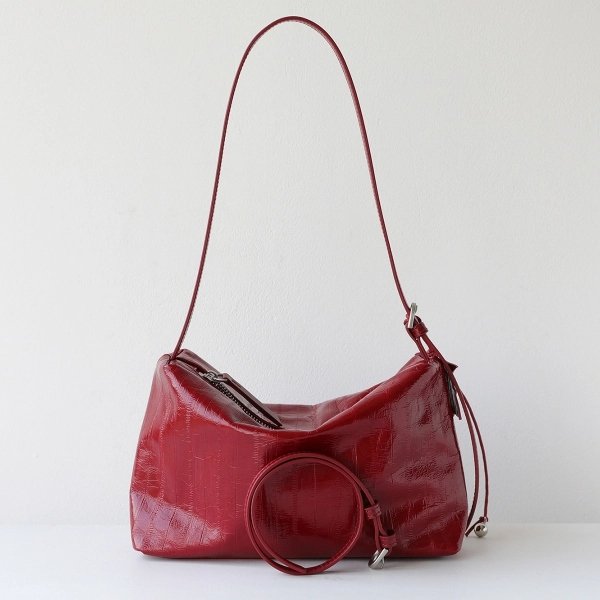 Red Leather Shoulder Bag with Multiple Zip Compartments - Image 7