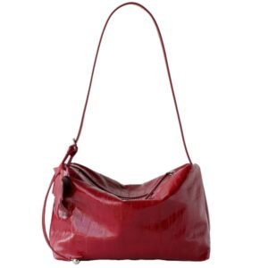 Red Leather Shoulder Bag with Multiple Zip Compartments