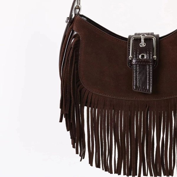 Brown Leather Fringe Shoulder Bag with Flap Closure - Image 2