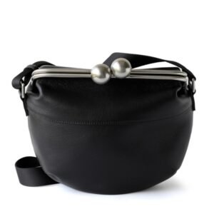 Black Leather Shoulder Bag with Metal Frame Closure