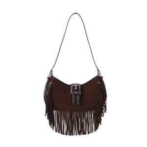 Brown Leather Fringe Shoulder Bag with Flap Closure